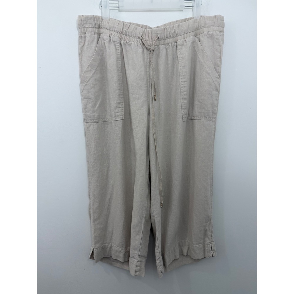 Land n Sea Womens 1X Oatmeal Beige Linen Blend Cropped Wide Leg Drawstring Pants
